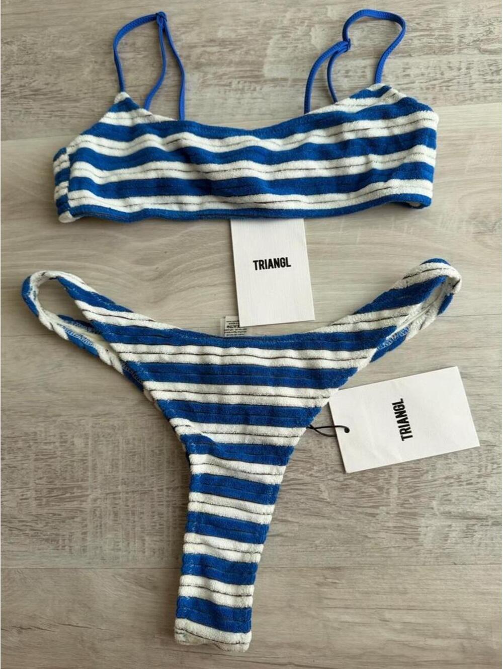 Triangl white and blue striped bikini set